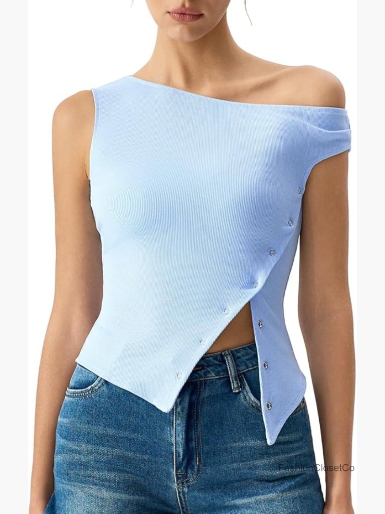 Off Shoulder Asymmetrical Diagonal Button-Up Split Hem Crop Tank Top Y2k